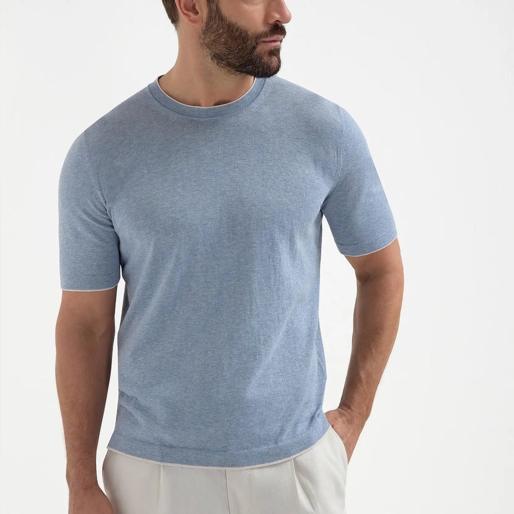 Pini Parma Made In Italy 100% Cotton Dusty Blue Knitted Shirt 199€ MSRP